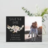 Stoffige Roze Perzik Botanische Foto Zwarte Trouwd Save The Date (Staand voorkant)