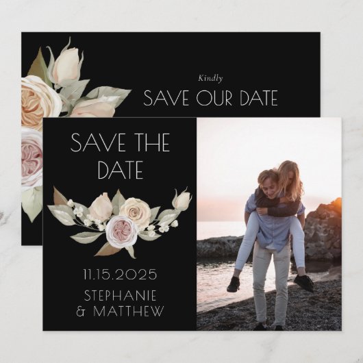 Stoffige Roze Perzik Botanische Foto Zwarte Trouwd Save The Date (Voorkant / Achterkant)