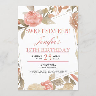 Stoffige Roze Perzik Crème Bloemige Sweet Sixteen Kaart