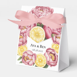 Stoffige roze pioenen en citroen bruiloft bedankdoosjes