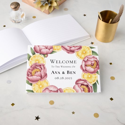 Stoffige roze pioenen en citroen bruiloft gastenboek (Voorkant open)
