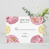 Stoffige roze pioenen en citroen bruiloft RSVP Kaa Kaart (Staand voorkant)