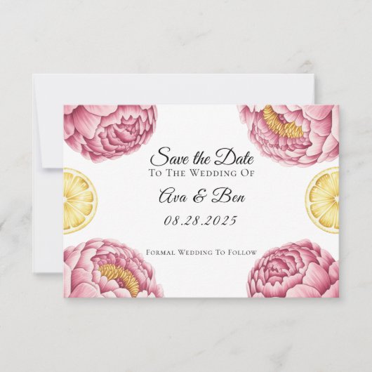 Stoffige roze pioenen en citroen bruiloft save the date (Voorkant)