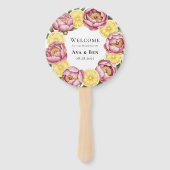 Stoffige roze pioenen en citroen bruiloft welkom handwaaier (Voorkant)
