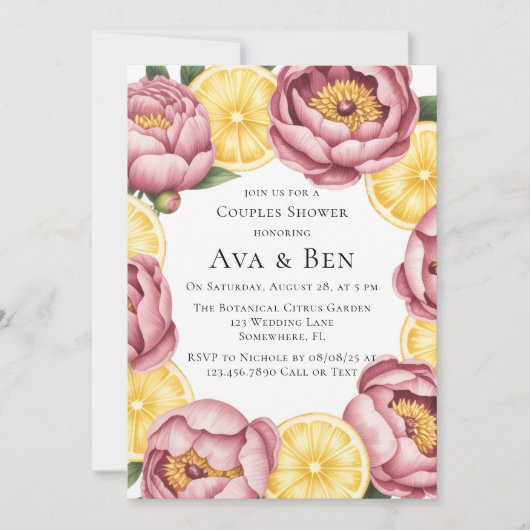Stoffige roze pioenen en citroen paren douche kaart (Voorkant)
