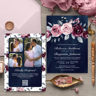 Stoffige Roze Pruim Paarse Bloemencode Navy Trouwe Kaart