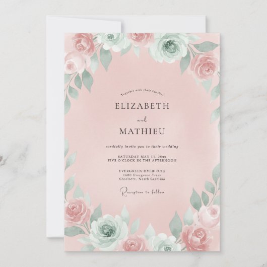 Stoffige Roze Ranunculus Eucalyptus Bruiloft Kaart (Voorkant)