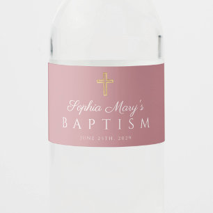 Stoffige Roze Religieus Kruis Meisje Doop Waterfles Etiket