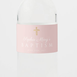 Stoffige Roze Religieuze Kruis Meisje Doop Waterfles Etiket