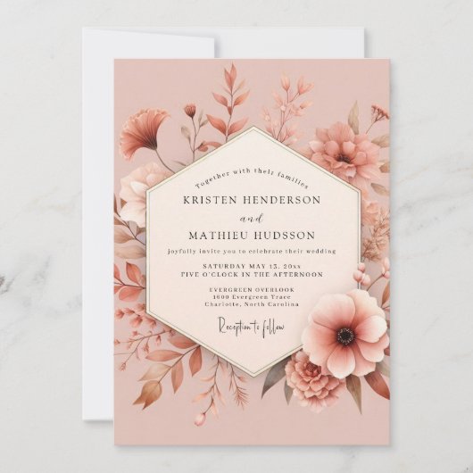 Stoffige Roze Romantische Bloei Bruiloft Kaart (Voorkant)