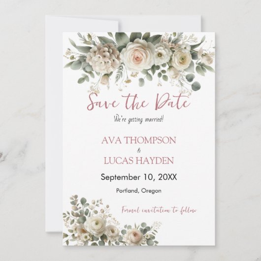 Stoffige Roze Romantische Bloemige 'Save the Date' Save The Date (Voorkant)