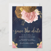 Stoffige Roze Roos Aardse Bloem Navy Bruiloft Save The Date (Voorkant)