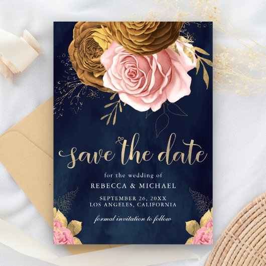 Stoffige Roze Roos Aardse Bloem Navy Bruiloft Save The Date