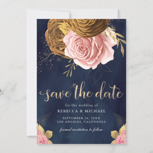 Stoffige Roze Roos Aardse Bloemen Navy Wedding Save The Date (Voorkant)