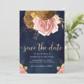 Stoffige Roze Roos Aardse Bloemen Navy Wedding Save The Date (Staand voorkant)
