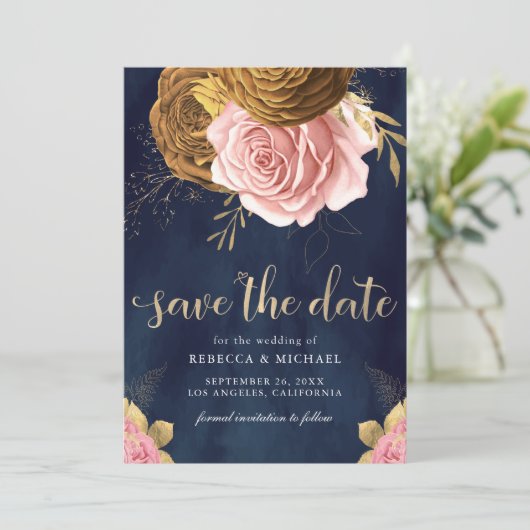 Stoffige Roze Roos Aardse Bloemen Navy Wedding Save The Date (Staand voorkant)