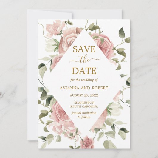 Stoffige Roze Roos Bloemig Goud Bewaar De Datum Save The Date (Voorkant)