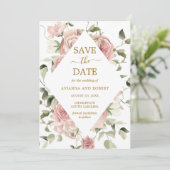 Stoffige Roze Roos Bloemig Goud Bewaar De Datum Save The Date (Staand voorkant)