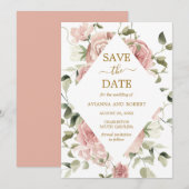 Stoffige Roze Roos Bloemig Goud Bewaar De Datum Save The Date (Voorkant / Achterkant)