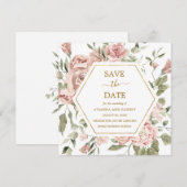 Stoffige Roze Roos Bloemige Gouden Save The Date (Voorkant / Achterkant)