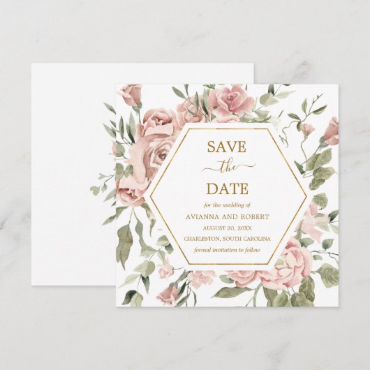 Stoffige Roze Roos Bloemige Gouden Save The Date (Voorkant / Achterkant)