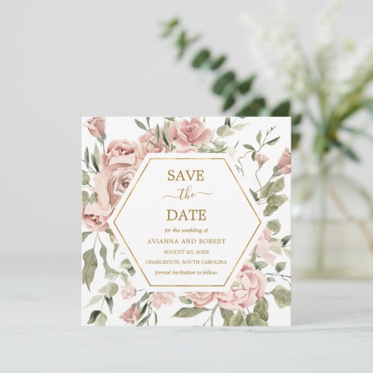 Stoffige Roze Roos Bloemige Gouden Save The Date (Staand voorkant)