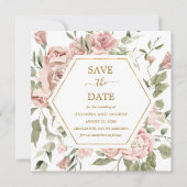 Stoffige Roze Roos Bloemige Gouden Save The Date (Voorkant)