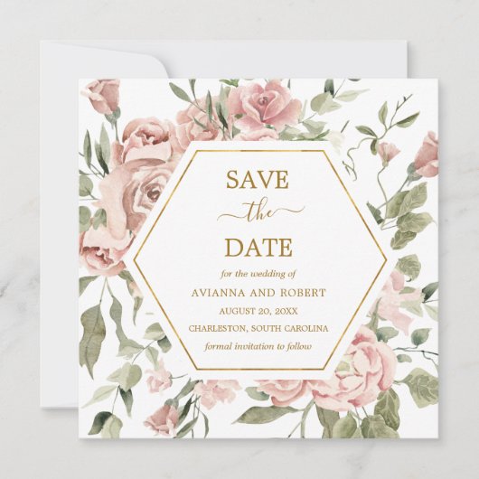 Stoffige Roze Roos Bloemige Gouden Save The Date (Voorkant)