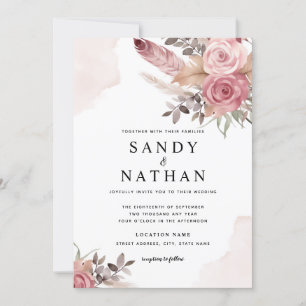 Stoffige Roze Roos Boho Bloemen Trouw Uitnodiging