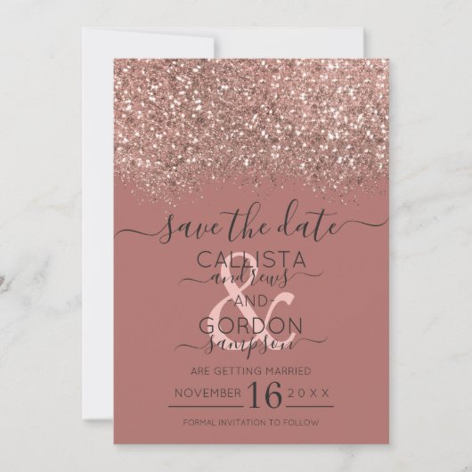 Stoffige Roze Roos Gouden Glitter Confetti Bruilof Save The Date (Voorkant)