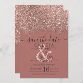 Stoffige Roze Roos Gouden Glitter Confetti Bruilof Save The Date (Voorkant / Achterkant)