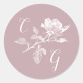 Stoffige Roze Roos Lijnkunst Monogram Bruiloft Ronde Sticker (Voorkant)