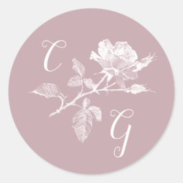 Stoffige Roze Roos Lijnkunst Monogram Bruiloft Ronde Sticker