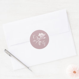 Stoffige Roze Roos Lijnkunst Monogram Bruiloft Ronde Sticker