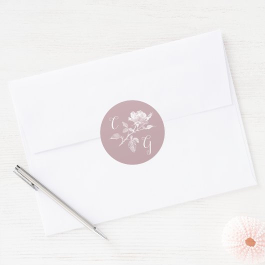 Stoffige Roze Roos Lijnkunst Monogram Bruiloft Ronde Sticker (Envelop)