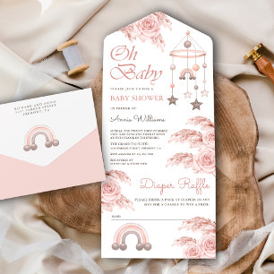 Stoffige Roze Roos Pampas Boho Regenboog Baby Show All In One Uitnodiging