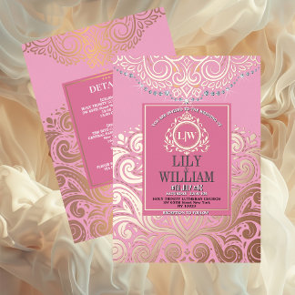 Stoffige Roze RoseGoud Klassiek Monogram Boho Brui Folie Uitnodiging