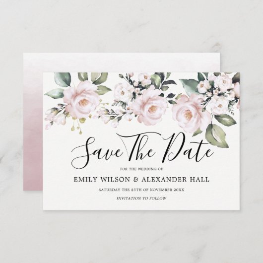 Stoffige Roze Roze Blush Bloemige Bewaar De Datum Save The Date (Voorkant / Achterkant)