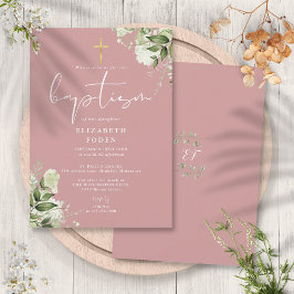 Stoffige Roze Roze Groene Bloemige Monogram Doopfe Kaart