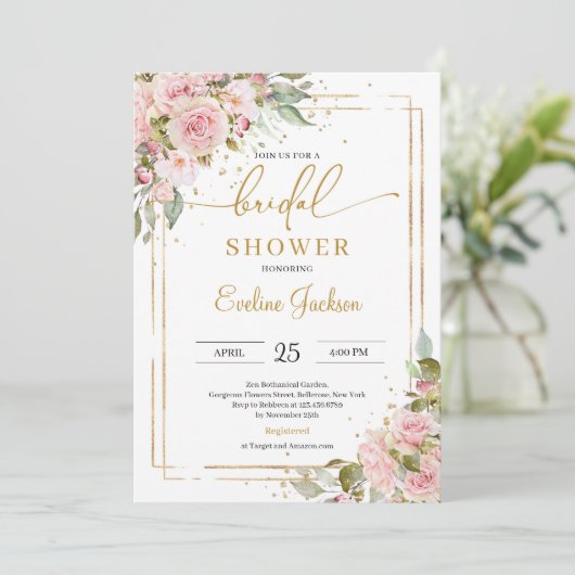 Stoffige roze rozen bloemen blozend goud geometris kaart (Staand voorkant)