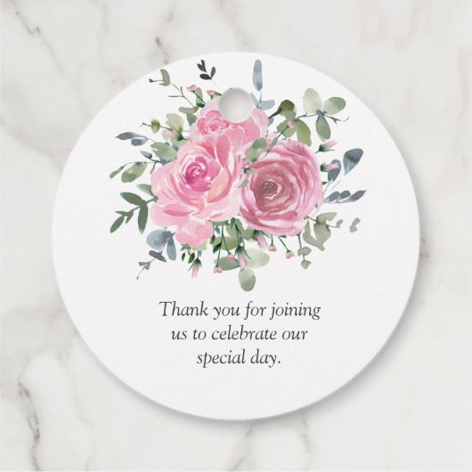 Stoffige roze rozen eucalyptus botanische bruiloft bedankjes labels (Achterkant)