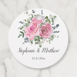 Stoffige roze rozen eucalyptus botanische bruiloft bedankjes labels