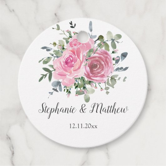 Stoffige roze rozen eucalyptus botanische bruiloft bedankjes labels (Voorkant)