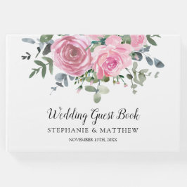 Stoffige roze rozen eucalyptus botanische bruiloft gastenboek