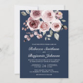 Stoffige Roze Rozen Foto Marineblauwe QR Code Trou Kaart (Voorkant)