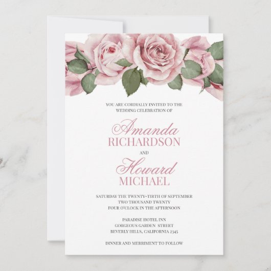 Stoffige roze rozen rustieke bruiloft kaart (Voorkant)