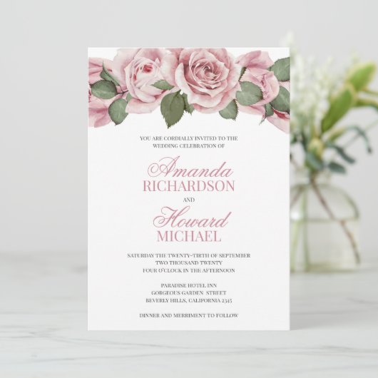 Stoffige roze rozen rustieke bruiloft kaart (Staand voorkant)