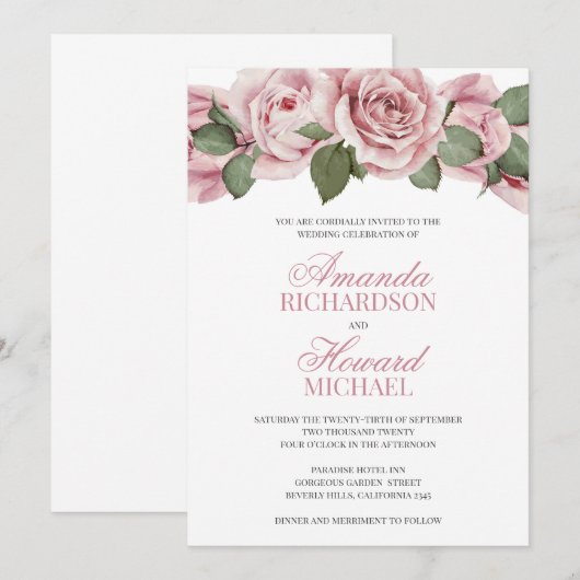 Stoffige roze rozen rustieke bruiloft kaart (Voorkant / Achterkant)