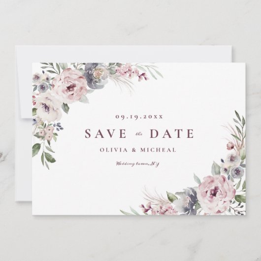 Stoffige roze rustieke boho bloemige save the date (Voorkant)