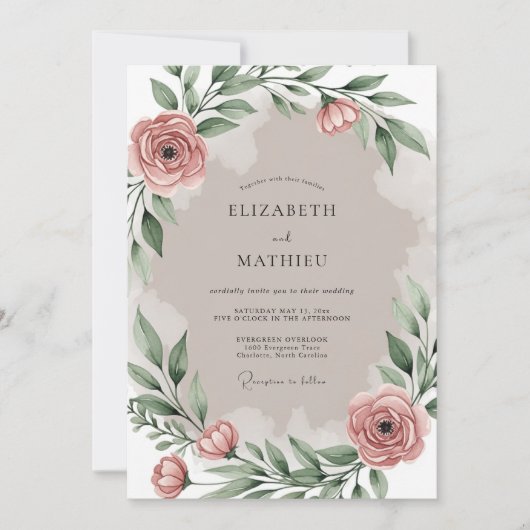 Stoffige Roze Serene Botanische Bruiloft Kaart (Voorkant)